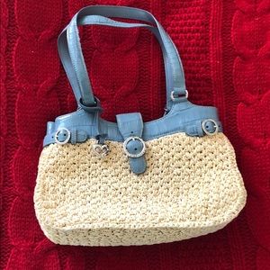 Brighton aqua leather and woven straw handbag